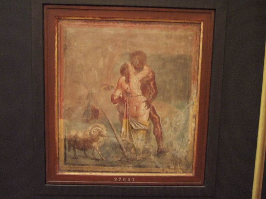 VII.4.48 Pompeii. Drawing by Giuseppe Marsigli, 1836, of a painting now faded away/disappeared but thought to be from this room.
The subject of the painting has not been identified but is of a masculine figure with thyrsus and a seated female figure.
See Helbig, W., 1868. Wandgemälde der vom Vesuv verschütteten Städte Campaniens. Leipzig: Breitkopf und Härtel. (1393)
Now in Naples Archaeological Museum. Inventory number ADS 593.
Photo © ICCD. http://www.catalogo.beniculturali.it
Utilizzabili alle condizioni della licenza Attribuzione - Non commerciale - Condividi allo stesso modo 2.5 Italia (CC BY-NC-SA 2.5 IT)
