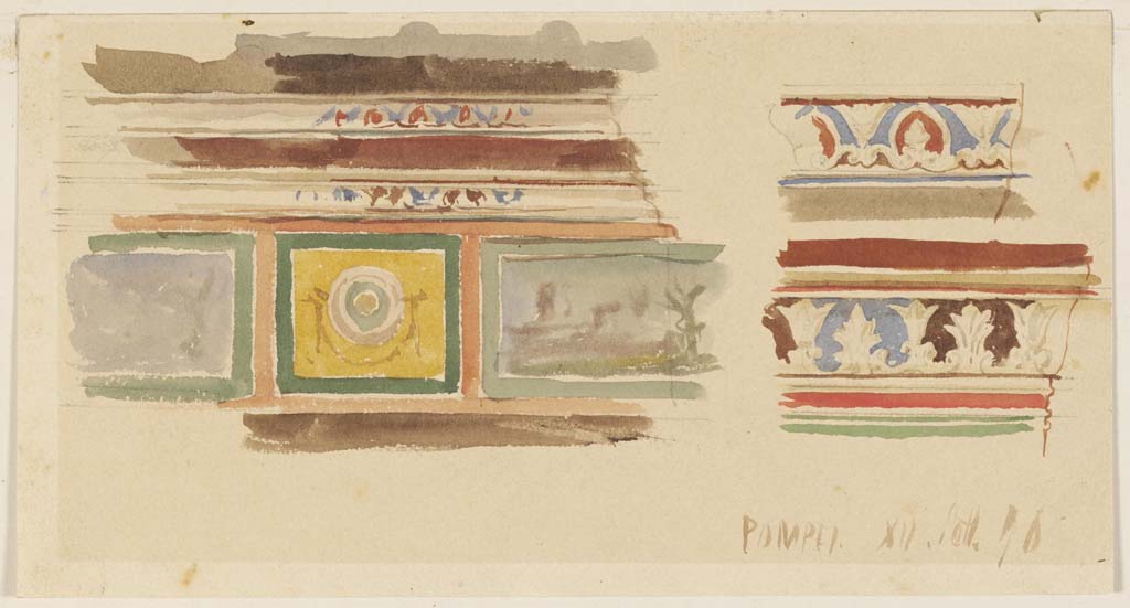 VII.4.48 Pompeii. 12th September 1876. Watercolour by Luigi Bazzani from peristyle. Detail of stucco on upper west wall at south end, on right.
Photo © Victoria and Albert Museum. Inventory number 2046-1900.

