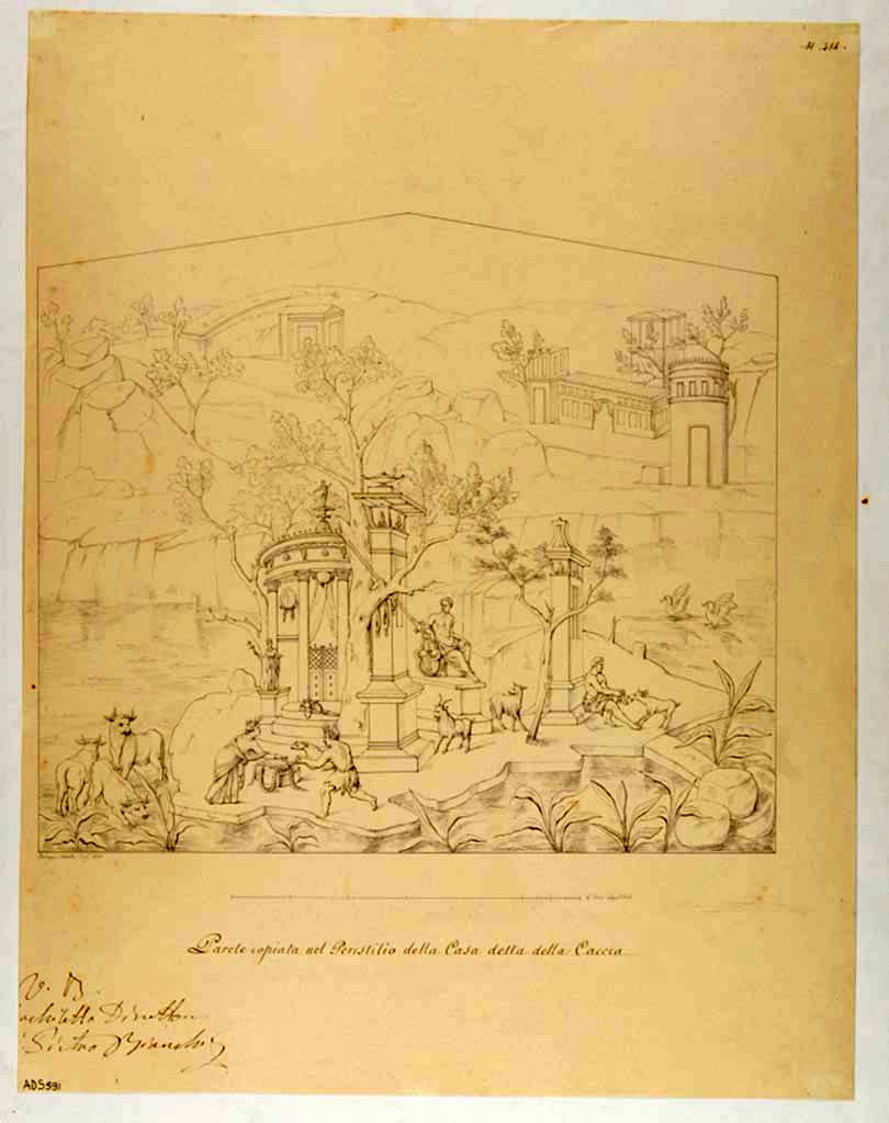VII.4.48 Pompeii. Drawing by Giuseppe Abbate, 1835, of a painting copied from a wall in the peristyle. 
The scene from the upper north end of west wall showed a sacred landscape, edged with a red border, but is now faded and lost.
Cows, a priestess making an offering in front of a tholos, a statue of Apollo, and a shepherd with goats would have been seen.
See Helbig, W., 1868. Wandgemälde der vom Vesuv verschütteten Städte Campaniens. Leipzig: Breitkopf und Härtel. (1555).
Now in Naples Archaeological Museum. Inventory number ADS 591.
Photo © ICCD. https://www.catalogo.beniculturali.it/
Utilizzabili alle condizioni della licenza Attribuzione - Non commerciale - Condividi allo stesso modo 2.5 Italia (CC BY-NC-SA 2.5 IT)
