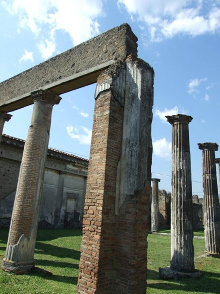 VII.4.57. Pompeii.  March 2009.  Peristyle.  Column in south east corner, strengthened with pillars.