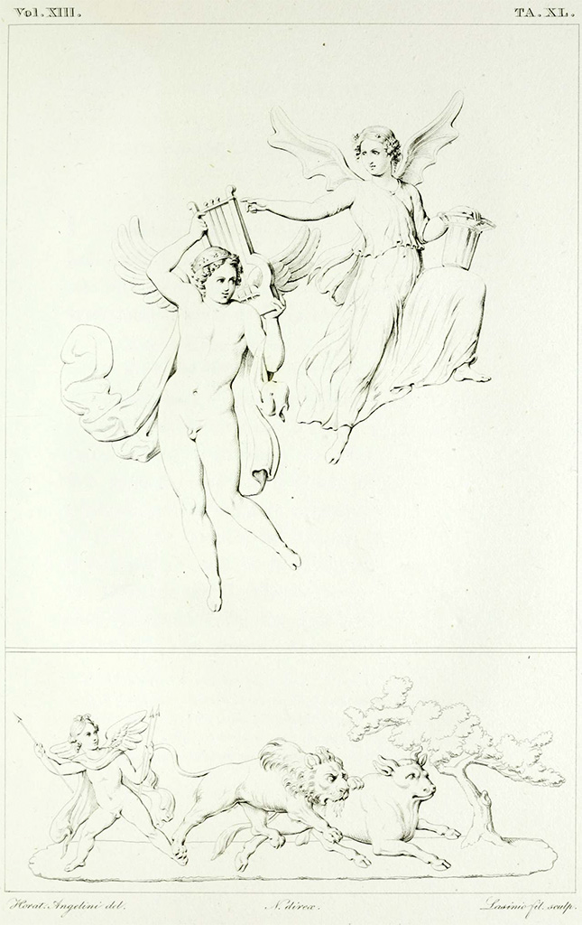 VII.4.57 Pompeii. Pre 1843. Drawing by Angelini of two floating figures
See Real Museo Borbonico, vol. XIII (13), 1843, Tav. XL (40).
