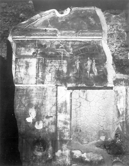 VII.4.62 Pompeii. Undated painting by Pierre Gusman, looking towards south-west corner of vaulted cubiculum.
See Gusman P., 1924. La Décoration Murale de Pompei. Paris : Morancé, pl. XVIII,2.

