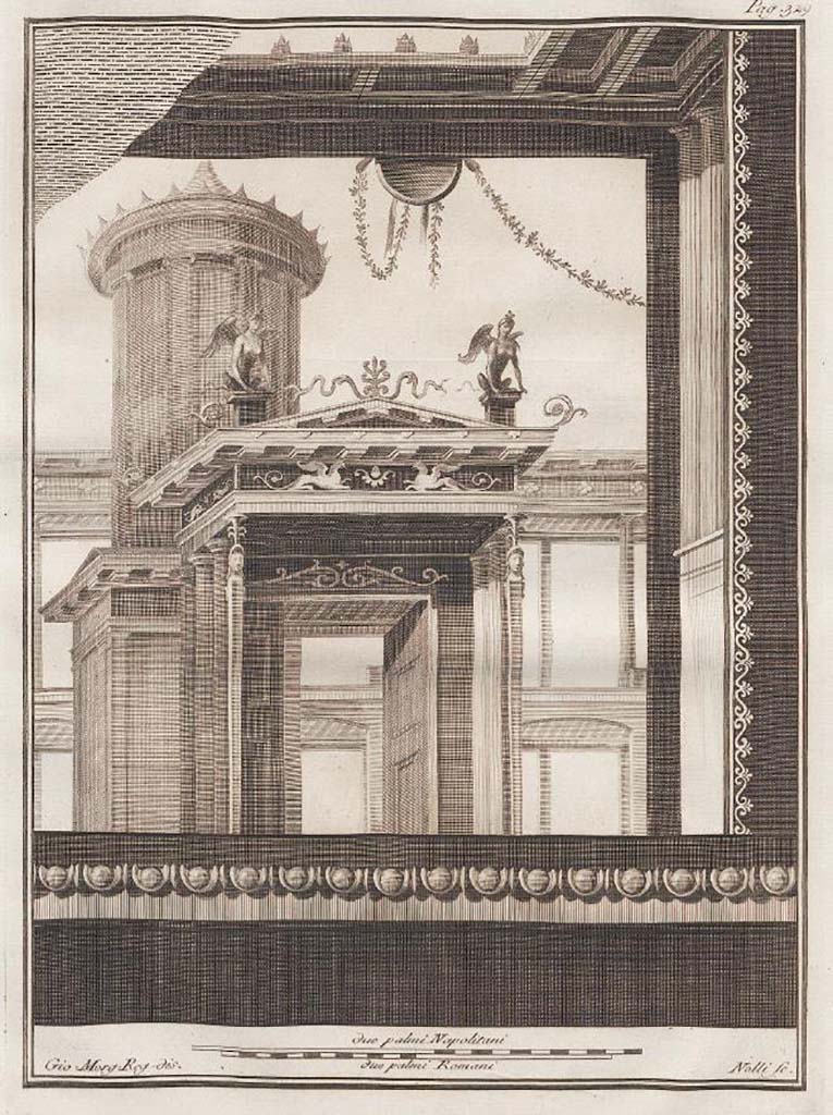 VII.6.28 Pompeii. Found in Civita, 1st April 1762. Architecture with sphinxes.
Now in Naples Archaeological Museum. Inventory number 8572.
See Antichità di Ercolano: Tomo Quarto: Le Pitture 4, 1765, 66, 329.
