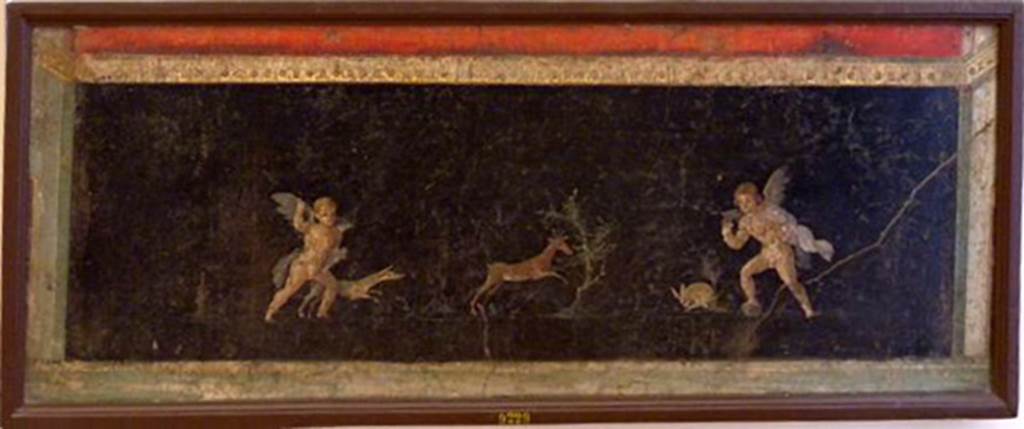 VII.6.28 Pompeii. Found on 24th April 1762. Painting of two cupids, one with a dog and a bow chasing a deer and birds.
Now in Naples Archaeological Museum. Inventory number 9229.
See Antichità di Ercolano: Tomo Setto: Le Pitture 5, 1779, 65, 291.
See Helbig, W., 1868. Wandgemälde der vom Vesuv verschütteten Städte Campaniens. Leipzig: Breitkopf und Härtel, (813).
