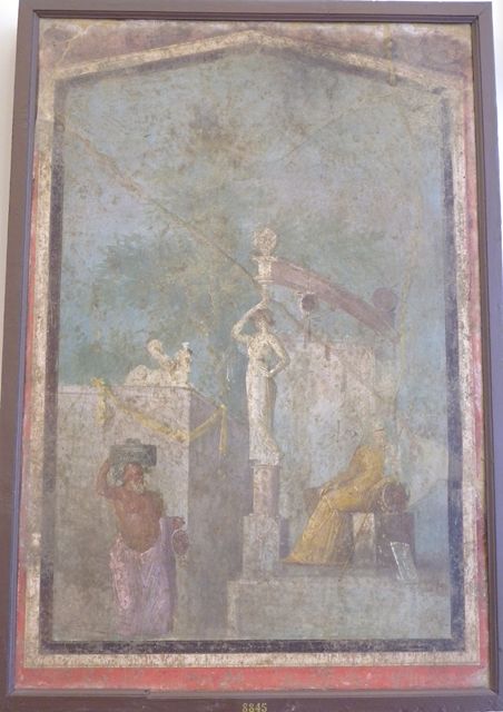 VII.6.28 Pompeii. Found 24th April 1762 in cubiculum 8.  
Pre-1843 drawing by Abbate of one of the four paintings found on the same wall.
Wall painting of Cybele on her throne.
Now in Naples Archaeological Museum. Inventory number 8845.
See Raccolta de più interessante Dipinture e di più belle Musaici rinvenuti negli Scavi di Ercolano, di Pompei, e di Stabia. 1843. Napoli.
