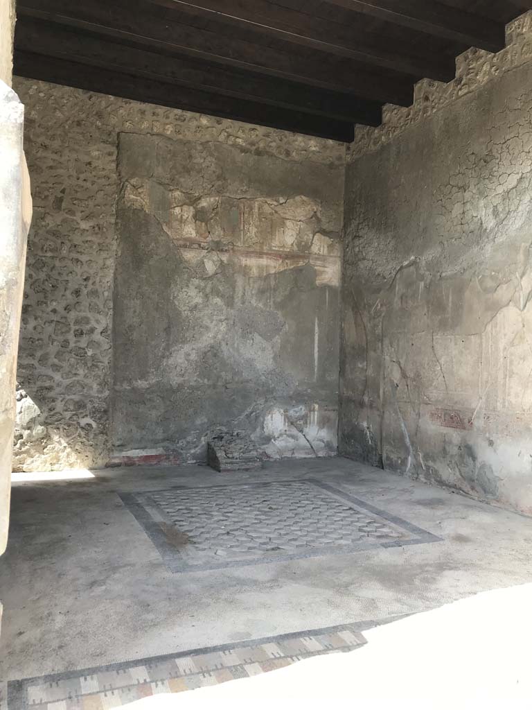 VII.7.5 Pompeii. April 2019. 
Exedra (u)/tablinum, looking towards north wall and north-east corner, across mosaic flooring.  
Photo courtesy of Rick Bauer.
