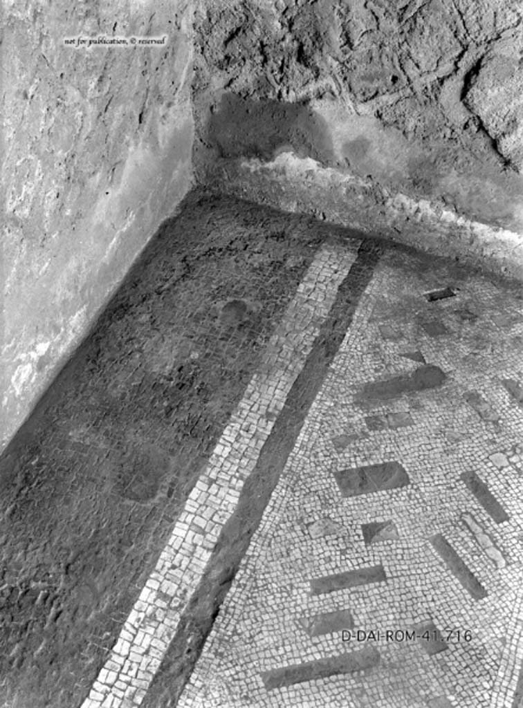 VII.7.5 Pompeii. c.1930. Detail of flooring in room g, the central room on east side of atrium.
DAIR 41.716. Photo © Deutsches Archäologisches Institut, Abteilung Rom, Arkiv.
See Pernice, E.  1938. Pavimente und Figürliche Mosaiken: Die Hellenistische Kunst in Pompeji, Band VI. Berlin: de Gruyter, (tav. 37.1, above.)

