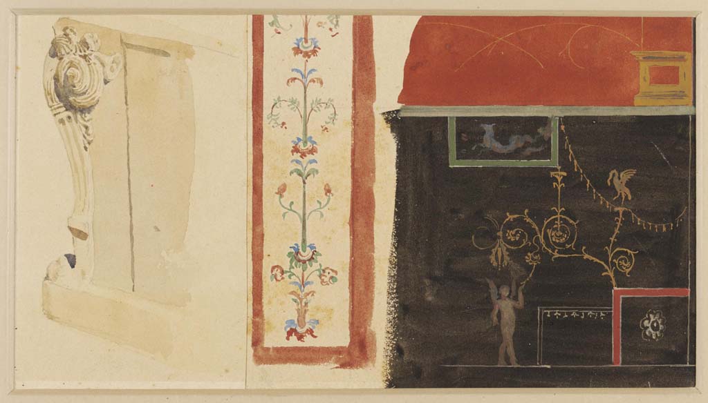VII.7.5 Pompeii. Undated watercolour by Luigi Bazzani. 
The black zoccolo, on the right, may be from a wall in the atrium (see similarity with photo above).
The other paintings may or may not be from this house !
Photo © Victoria and Albert Museum. Inventory number 2043-1900.
