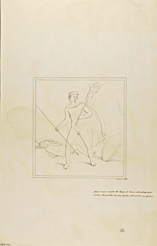 VII.7.10 Pompeii. Peristyle. 1871 drawing by G. Discanno. A naked warrior carries a spear in his right hand. 
He carries a trophy of armour over his left shoulder taken from his enemy who lies dead at his feet.
Now in Naples Archaeological Museum. Inventory number ADS 704.
Photo © ICCD. http://www.catalogo.beniculturali.it
Utilizzabili alle condizioni della licenza Attribuzione - Non commerciale - Condividi allo stesso modo 2.5 Italia (CC BY-NC-SA 2.5 IT)
