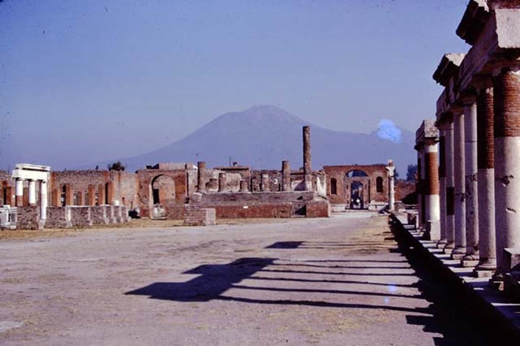 VII.8 Pompeii Forum. 1974. Looking north along the east side. Photo by Stanley A. Jashemski.   
Source: The Wilhelmina and Stanley A. Jashemski archive in the University of Maryland Library, Special Collections (See collection page) and made available under the Creative Commons Attribution-Non Commercial License v.4. See Licence and use details. J74f0704

