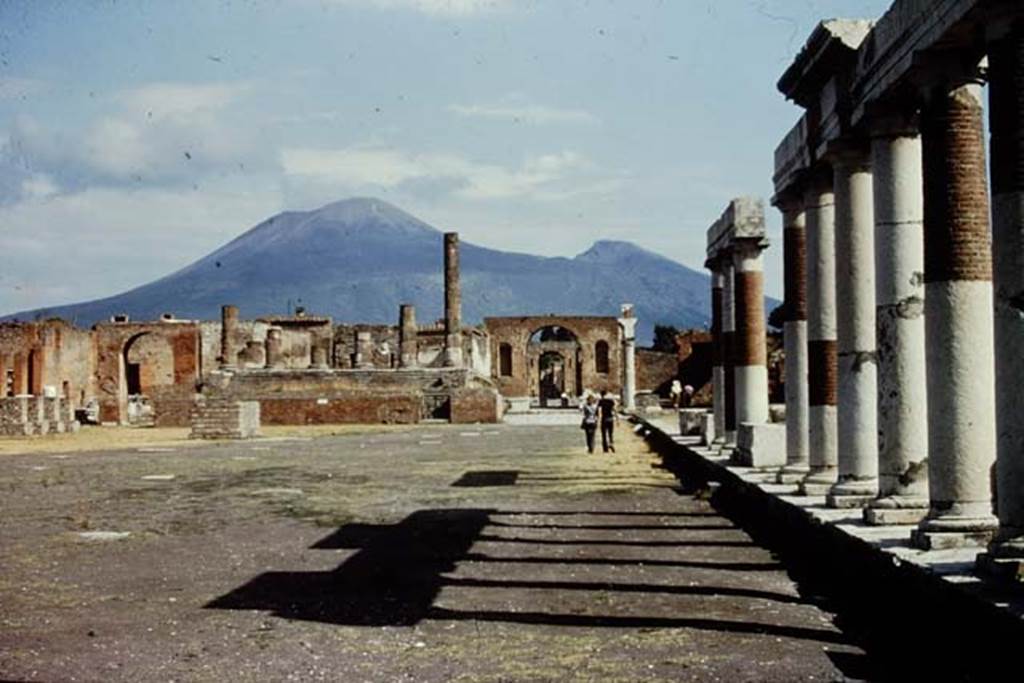 VII.8 Pompeii Forum, 1972. Looking north along east side. Photo by Stanley A. Jashemski. 
Source: The Wilhelmina and Stanley A. Jashemski archive in the University of Maryland Library, Special Collections (See collection page) and made available under the Creative Commons Attribution-Non Commercial License v.4. See Licence and use details. J72f0224
