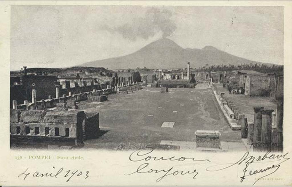 VII.8 Pompeii Forum. Sommer photo on Richter postcard number 138 posted in 1903. Looking north along the east side. Photo courtesy of Rick Bauer.