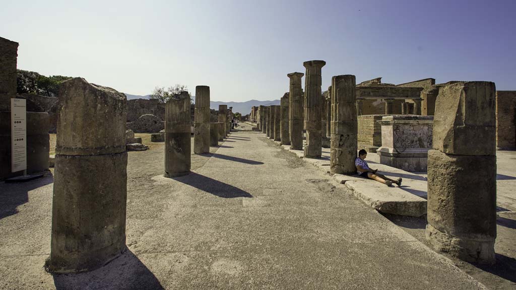 VII.8 Pompeii Forum. August 2021. 
Looking south along east side towards the south-east corner of the Forum, and Via delle Scuole. Photo courtesy of Robert Hanson.

