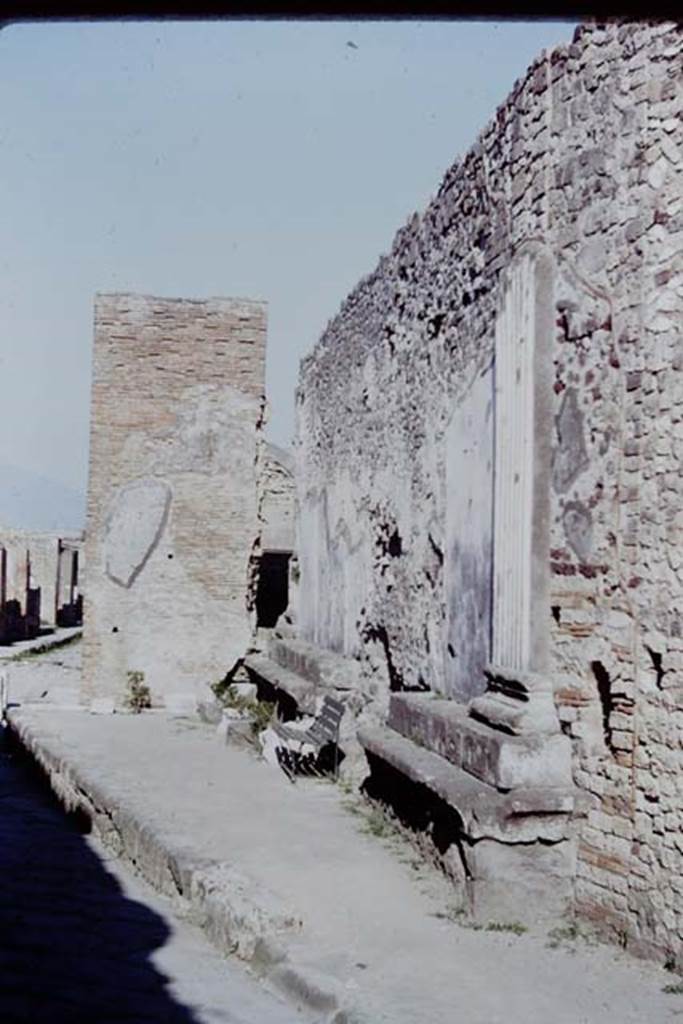 VII.8 Pompeii, 1968.  Looking east along north wall of Forum. Photo by Stanley A. Jashemski.
Source: The Wilhelmina and Stanley A. Jashemski archive in the University of Maryland Library, Special Collections (See collection page) and made available under the Creative Commons Attribution-Non Commercial License v.4. See Licence and use details.
J68f2328
