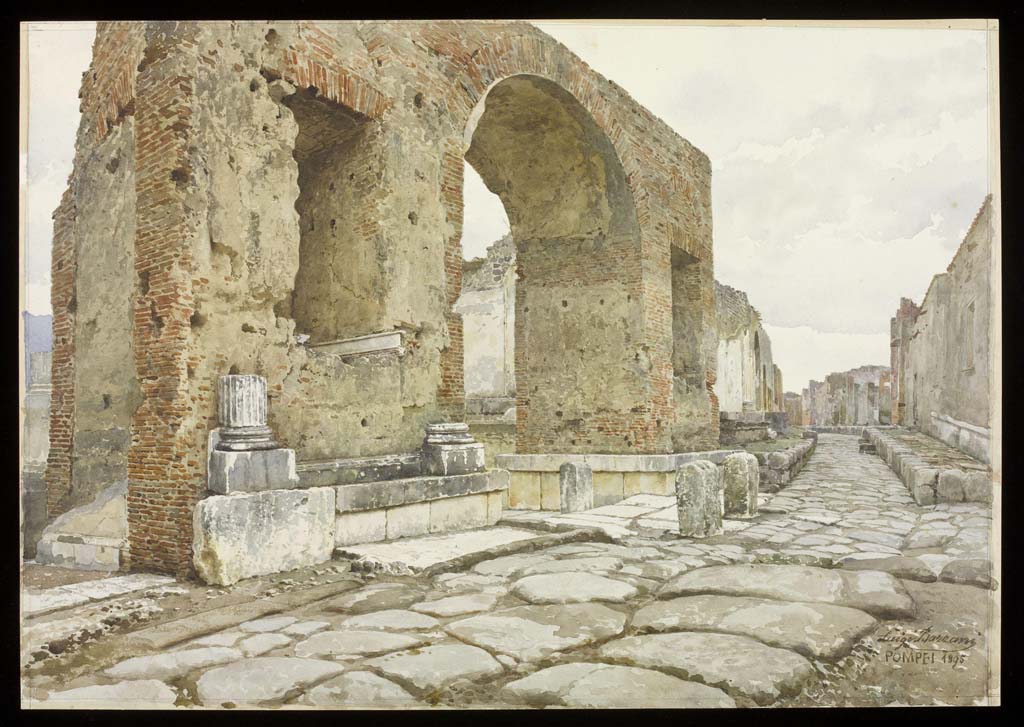 VII.8 Pompeii Forum. 1895. Watercolour by Luigi Bazzani. 
Looking towards the arch at the north-east corner of the Forum, on left, and along Vicolo dei Soprastanti, on right.
Photo © Victoria and Albert Museum. Inventory number 1432-1901
(Note: this painting is described as view of the Triumphal Arch of Nero, in the Forum, Pompeii, signed 'Luigi Bazzani, Roma'.)
