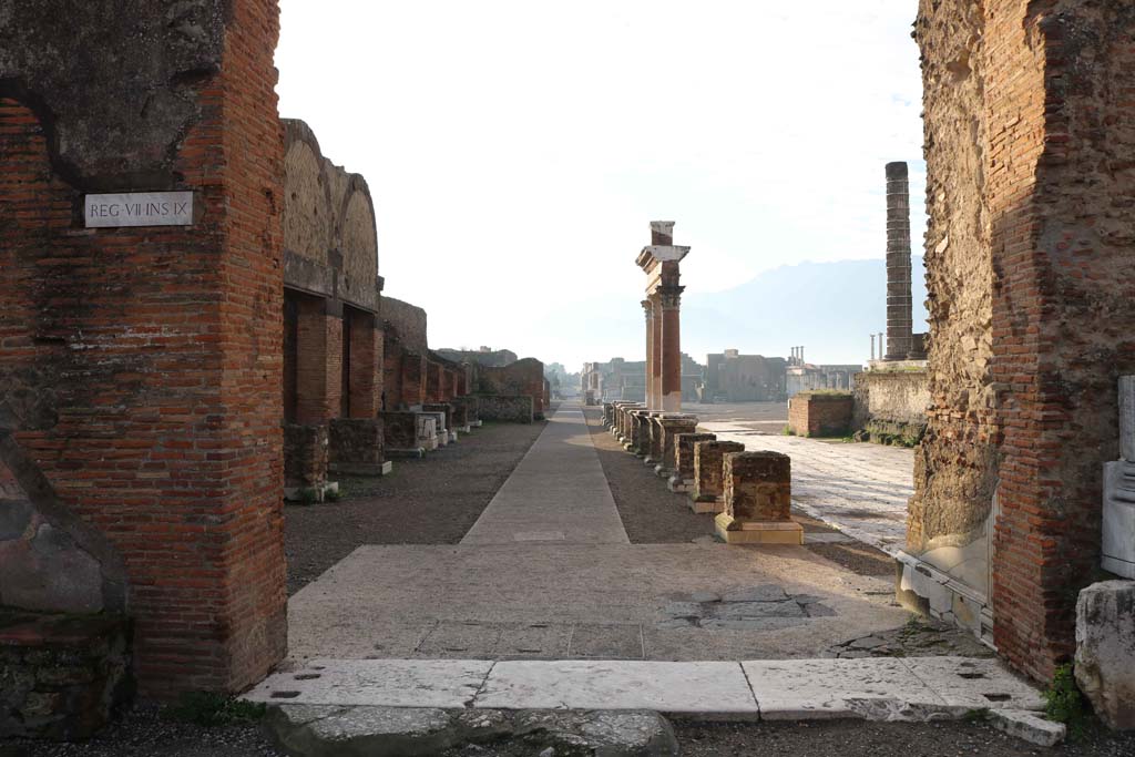 VII.8 Pompeii Forum. December 2018. 
Looking south from east side of Arch, leading across east side of Forum to Via delle Scuole. Photo courtesy of Aude Durand.
