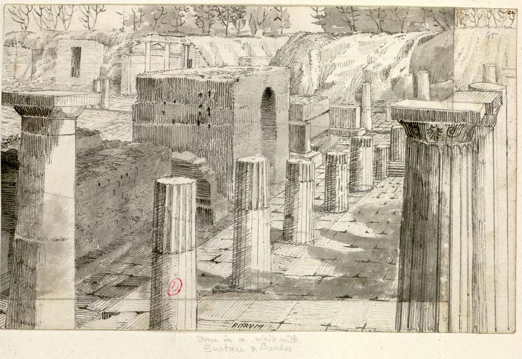 VII.8 Pompeii Forum. C.1819. Drawing by W. Gell, "FORVM. Done in a visit with Eustace and Bankes". Looking east along south side of Forum.  
See Gell W & Gandy, J.P: Pompeii published 1819 [Dessins publiés dans l'ouvrage de Sir William Gell et John P. Gandy, Pompeiana: the topography, edifices and ornaments of Pompei, 1817-1819], pl. 33.
See book in Bibliothèque de l'Institut National d'Histoire de l'Art [France], collections Jacques Doucet Gell Dessins 1817-1819
Use Etalab Open Licence ou Etalab Licence Ouverte
