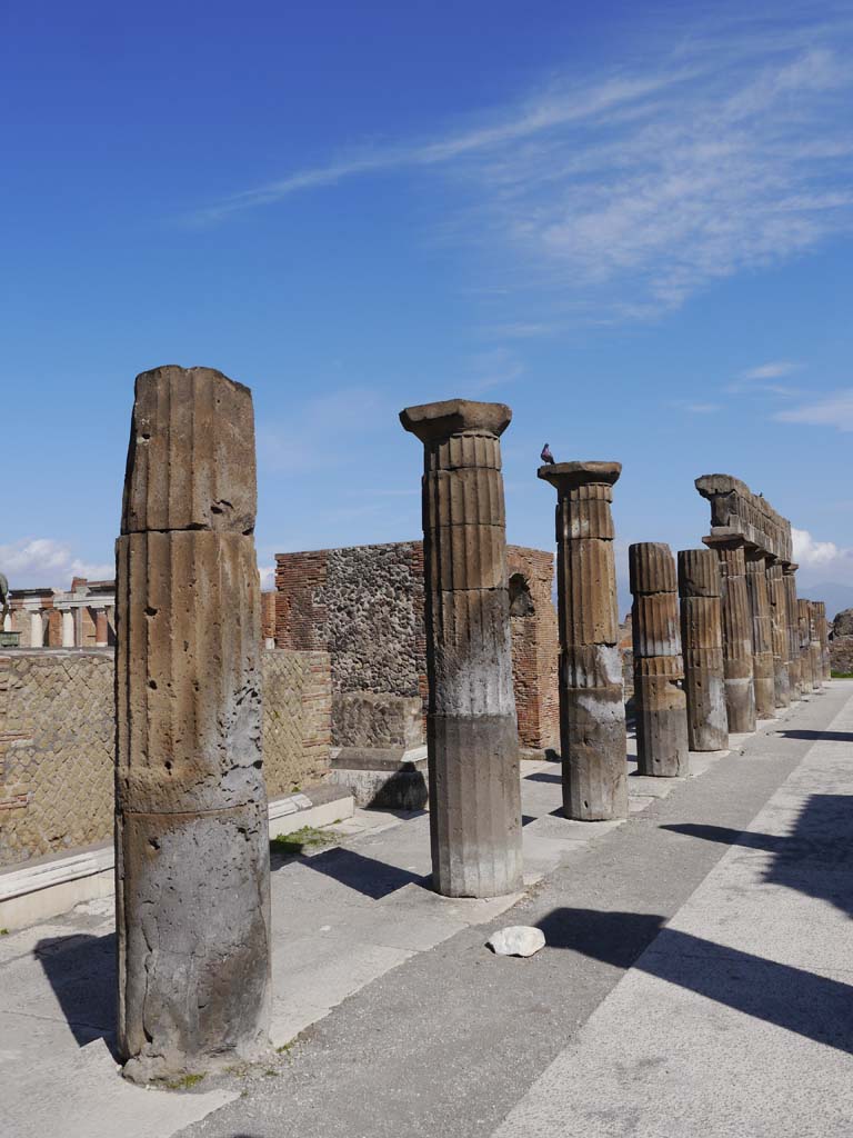 VII.8 Pompeii, south side of forum March 2019. 
Looking east along ancient portico columns of colonnade of Popidius.
Foto Anne Kleineberg, ERC Grant 681269 DÉCOR.

