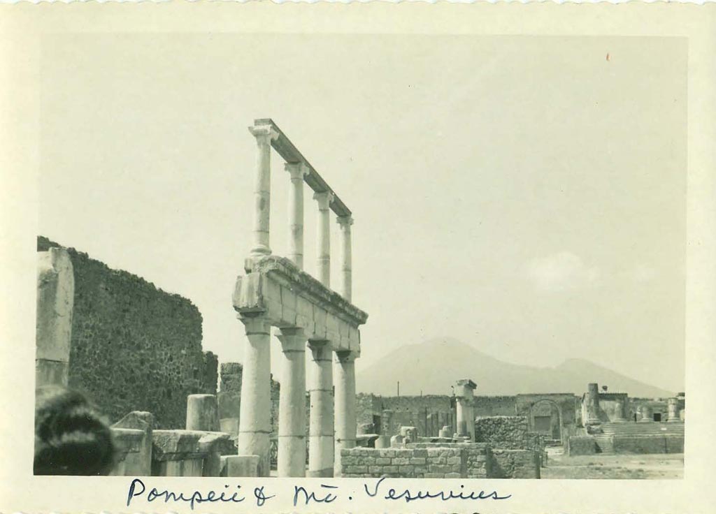 VII.8 Pompeii Forum. 1958 photograph. 
Looking north along the west side towards the Temple of Jupiter. Photo courtesy of Rick Bauer.
