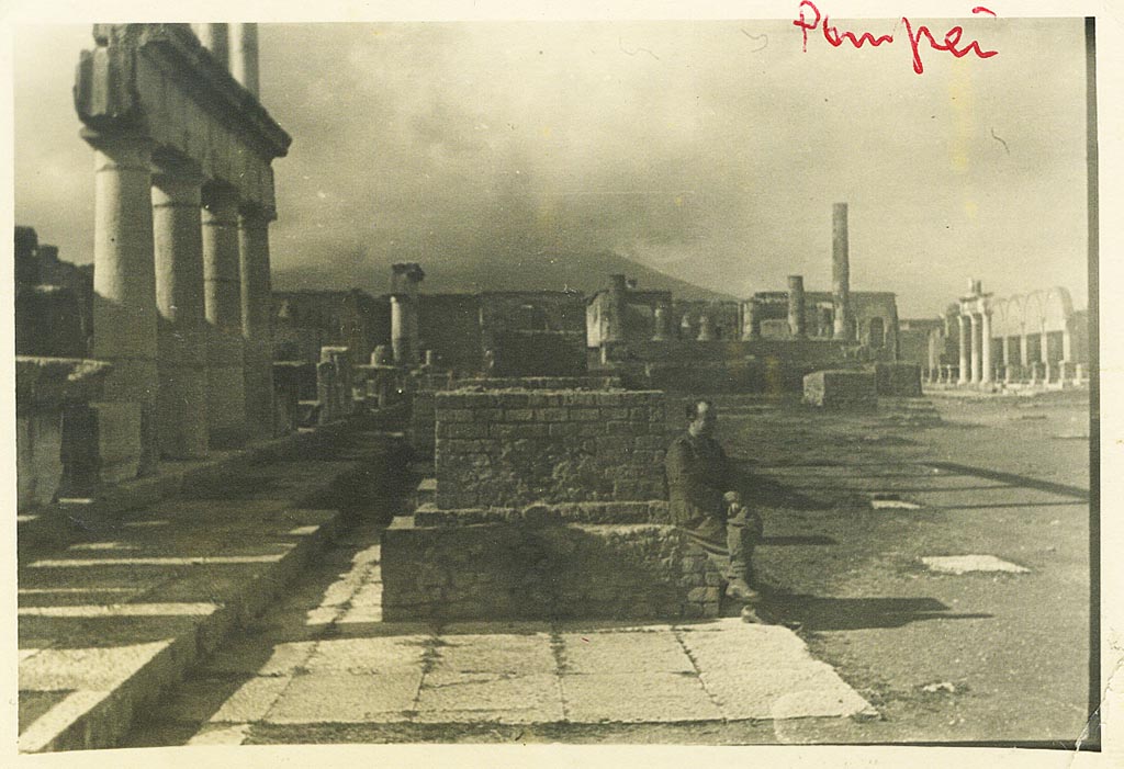 VII.8 Pompeii Forum. 1943 photograph. 
Looking north along the west side towards the Temple of Jupiter. Photo courtesy of Rick Bauer.
