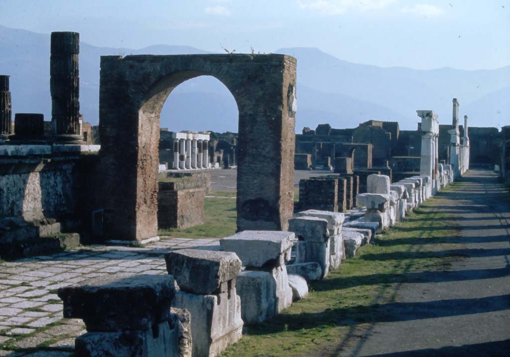 VII.8.00, Pompeii. 4th December 1971. 
Looking south-east across Forum, from west end near Arch of Augustus in north-west corner.
Photo courtesy of Rick Bauer, from Dr George Fay’s slides collection.

