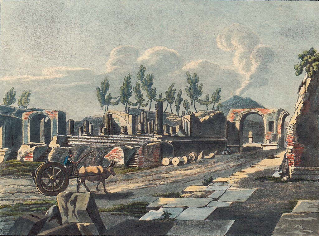 Pre-1824 aquatint by Jakob Wilhelm Huber, “Ruines du Temple de Jupiter”.
See Huber, J. W., 1824. Vues pittoresques des ruines les plus remarquables de l’ancienne ville de Pompei, pl. XII. 
