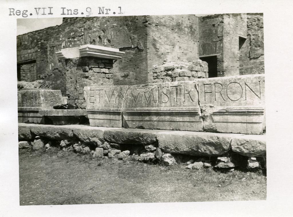 VII.9.1 Pompeii. Pre-1937-39. Eumachia’s Building portico, detail of part of inscription before being raised onto columns.
Photo courtesy of American Academy in Rome, Photographic Archive. Warsher collection no. 1161.
