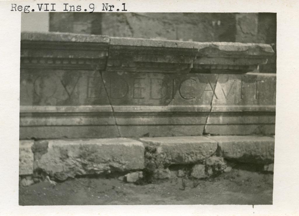 VII.9.1 Pompeii. Pre-1937-39. Eumachia’s Building portico. Part of inscription whilst still resting on ground.
Photo courtesy of American Academy in Rome, Photographic Archive. Warsher collection no. 159.

