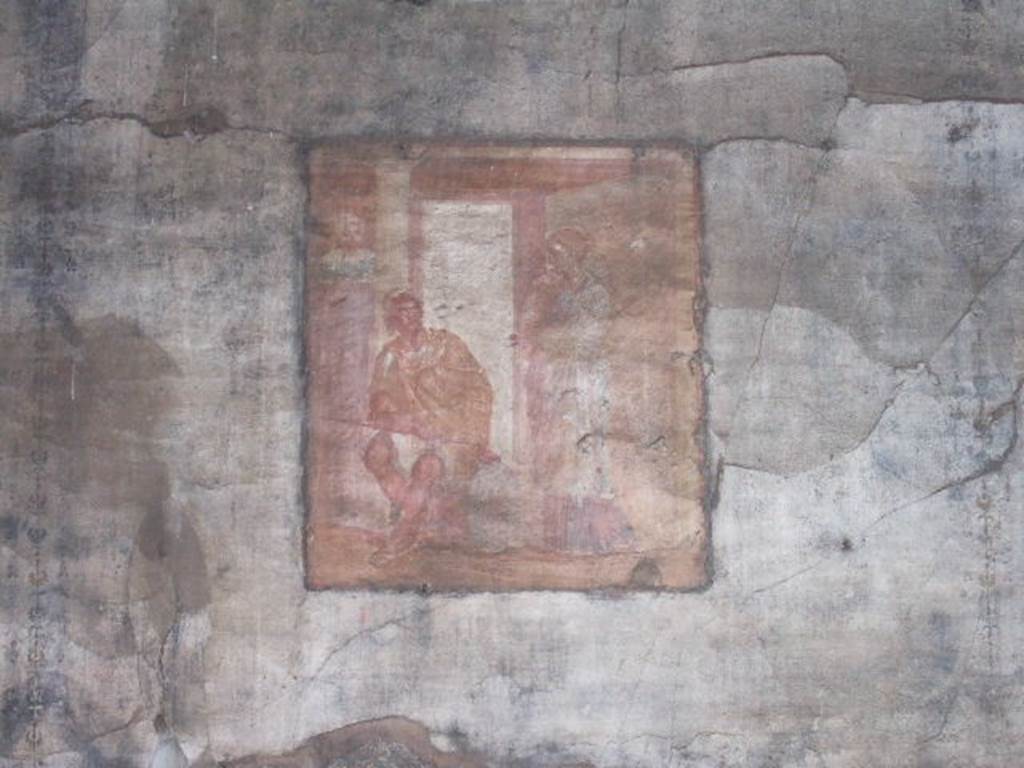 VII.9.7 and VII.9.8 Pompeii. Macellum. September 2005. North west corner. Wall painting of Ulysses relating his adventures to Penelope.