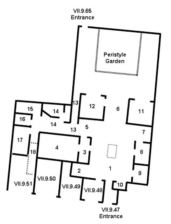 VII.9.47 Pompeii. Casa di Marte e Venere or Casa delle Nozze di Ercole
House of Mars and Venus or House of the Wedding of Hercules
Room Plan