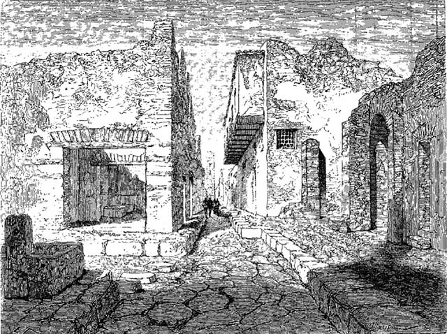 VII.12.28 Pompeii. Looking west c.1880, along Vicolo del Balcone Pensile with house on right.