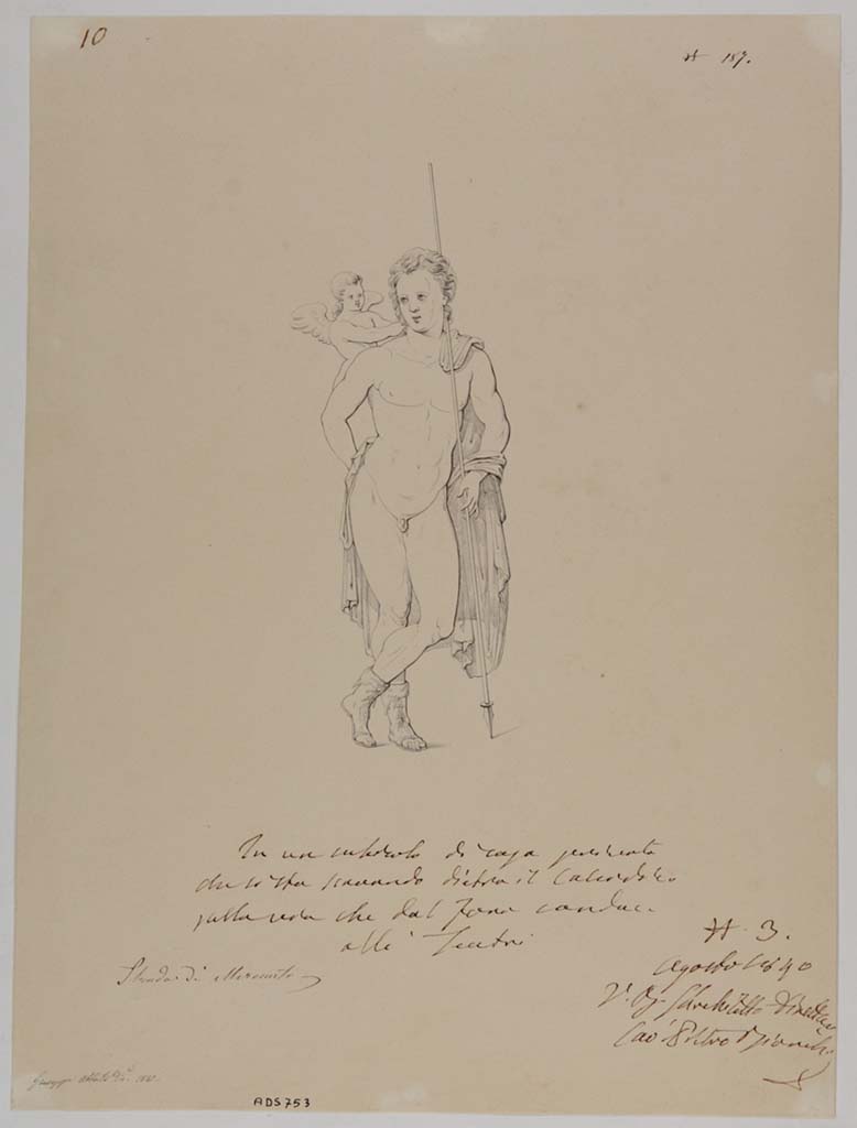 VII.13.4 Pompeii. Drawing by Giuseppe Abbate, 1840, of a painting of a young standing hunter (according to Helbig - Adonis?) with a cupid. 
See Helbig, W., 1868. Wandgemlde der vom Vesuv verschtteten Stdte Campaniens. Leipzig: Breitkopf und Hrtel, (1395).
Now in Naples Archaeological Museum. Inventory number ADS 753.
Photo  ICCD. http://www.catalogo.beniculturali.it
Utilizzabili alle condizioni della licenza Attribuzione - Non commerciale - Condividi allo stesso modo 2.5 Italia (CC BY-NC-SA 2.5 IT)
