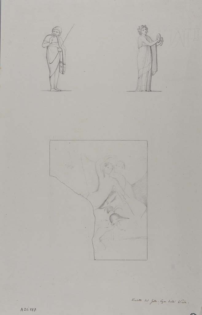 VII.15.2 Pompeii. Drawings by Geremia Discanno, of paintings seen in triclinium on east side of tablinum.
Top, figure of left, from oecus on west side of tablinum.
Top, female figure on right, from one of the walls of triclinium on east side of tablinum.
Lower, fragment of painting of Mars and Venus, from one of the walls of triclinium on east side of tablinum.
Sogliano described this painting as “very faded and destroyed on the left side”.
See Sogliano, A., 1879. Le pitture murali campane scoverte negli anni 1867-79. Napoli: Giannini, p.34, no.137.
See Bullettino dell’Instituto di Corrispondenza Archeologica (DAIR), 1872, p.239,
See Fiorelli, Scav.di Pompei, p.116, n.100, and Descrizione Pompei, p.306.
Now in Naples Archaeological Museum. Inventory number ADS 787.
Photo © ICCD. http://www.catalogo.beniculturali.it
Utilizzabili alle condizioni della licenza Attribuzione - Non commerciale - Condividi allo stesso modo 2.5 Italia (CC BY-NC-SA 2.5 IT)
