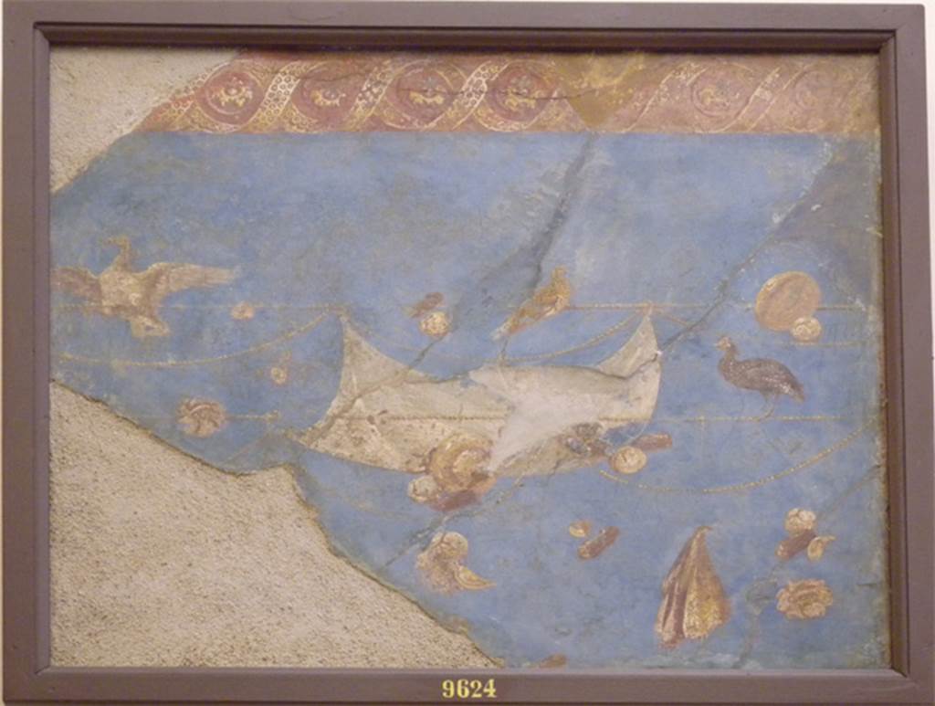 VII.16.17-22 Pompeii. Fragment of a wall painting of sail, birds and flowers.
Now in Naples Archaeological Museum.  Inventory number 9624.
According to Grimaldi, this fragment was from the centre of the west wall of Oecus 32. 
See Aoyagi M. and Pappalardo U. et al, 2006. Pompei (Regiones VI-VII) Insula Occidentalis. Napoli: Valtrend. (p.304).  This room has not been photographed.
