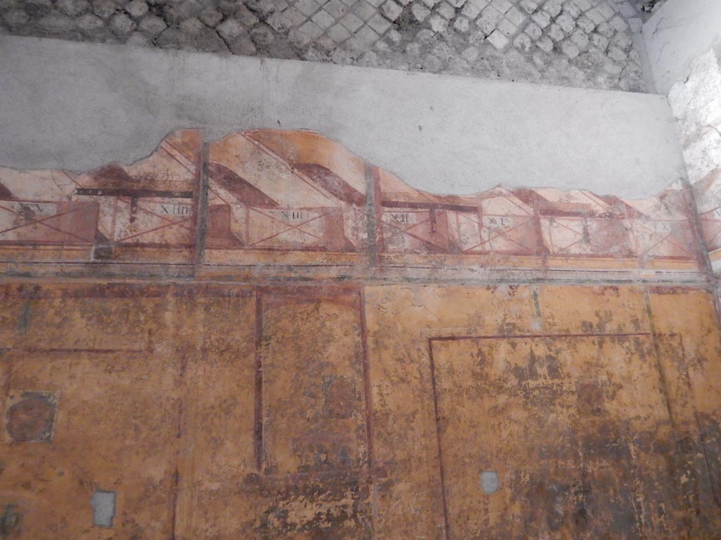 VII.16.a Pompeii. May 2015. Room 7, south wall, erotic paintings with numbers VIII, VII. VI, V and IIII beneath. Photo courtesy of Buzz Ferebee.
