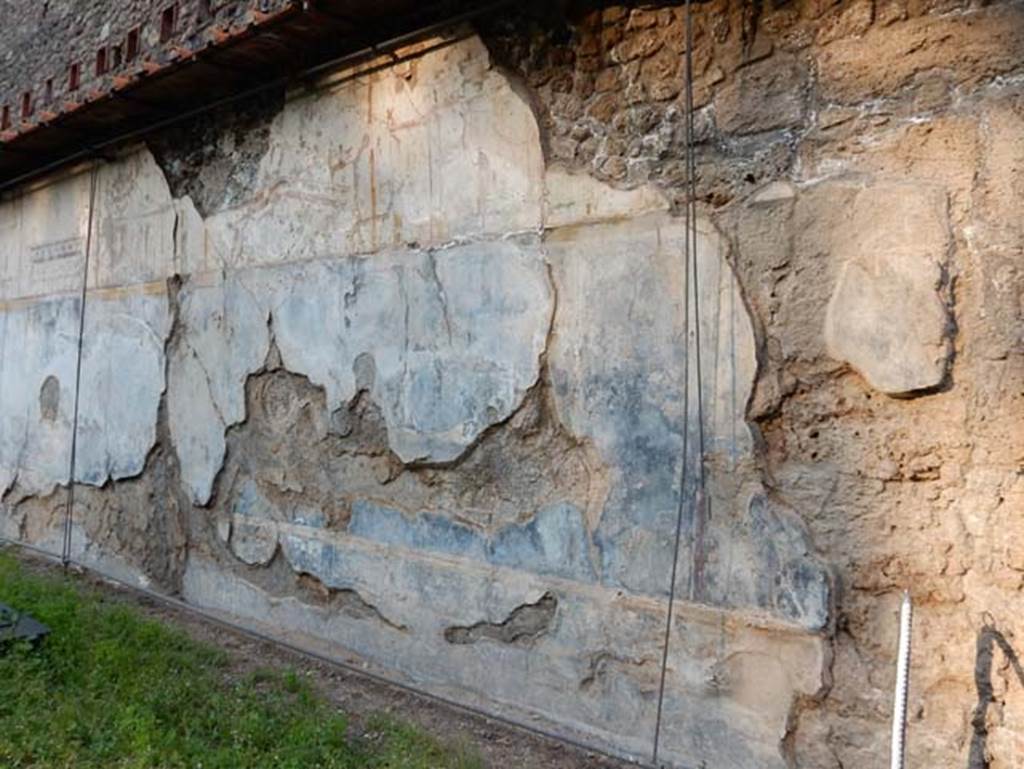 VIII.1.a, Pompeii. May 2018. Detail of painted plaster from east wall of portico. Photo courtesy of Buzz Ferebee.