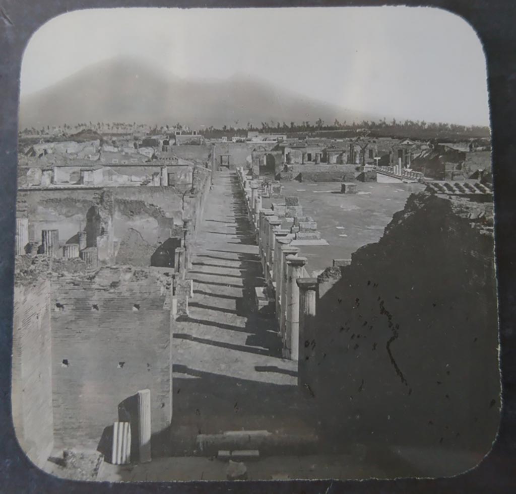 VIII.2.6 Pompeii. c.1900. C. and G. Lantern slide published by A. Laverne. 
Looking north from inside VIII.2.6, lower, along west side of Forum.   
