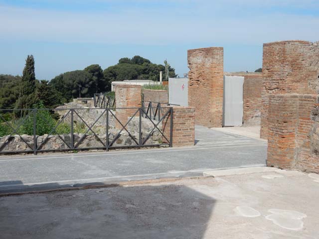 VIII.2.16 Pompeii. April 2019. 
Large room on west side of peristyle, looking south through remains of large window/doorway towards the Sarno plain. Photo courtesy of Rick Bauer.
