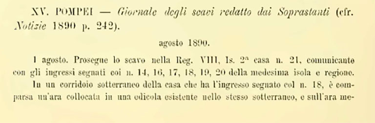 VIII.2.16 Pompeii. Notizie degli Scavi di Antichità, 1890, p. 290.