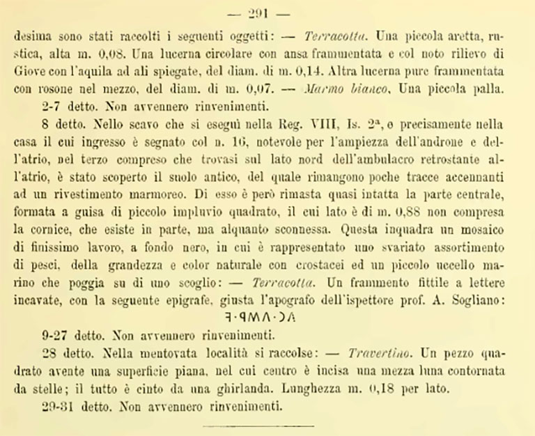 VIII.2.16 Pompeii. Notizie degli Scavi di Antichità, 1890, p. 291.
