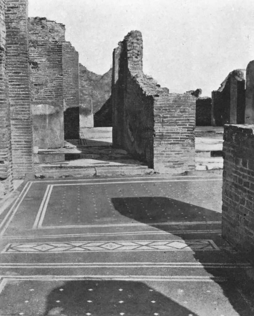VIII.2.16 Pompeii. c.1930. 
Looking east from north portico towards triclinium, and tablinum/atrium, on right.
According to Blake, the earlier pavement was copied in a later time in the corridor to the right of the peristyle which has a different orientation, the discrepancy being somewhat concealed by an ornamental threshold.
See Blake, M., (1930). The pavements of the Roman Buildings of the Republic and Early Empire. Rome, MAAR, 8, (p.14, 120 & Pl.2, tav.3).
