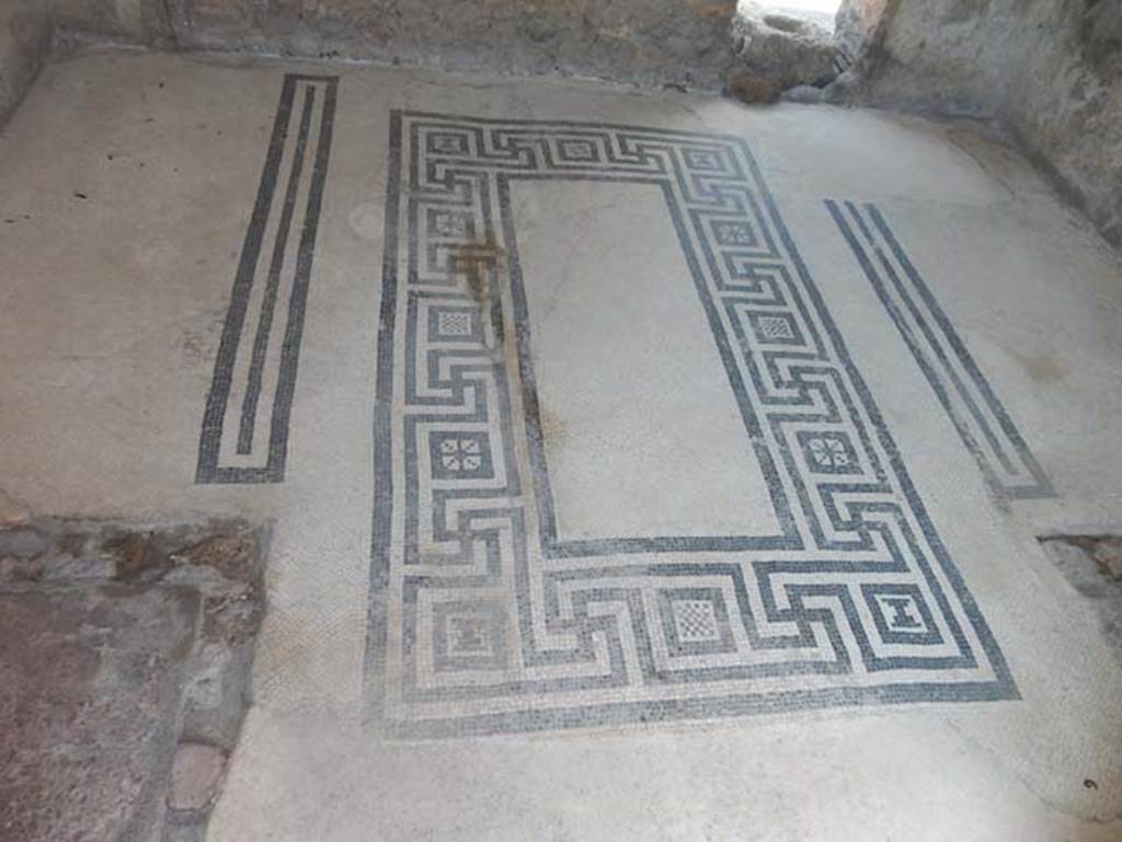 VIII.2.16 Pompeii. May 2017.  Flooring in cubiculum on north side of atrium showing two areas for separate beds. Photo courtesy of Buzz Ferebee.
