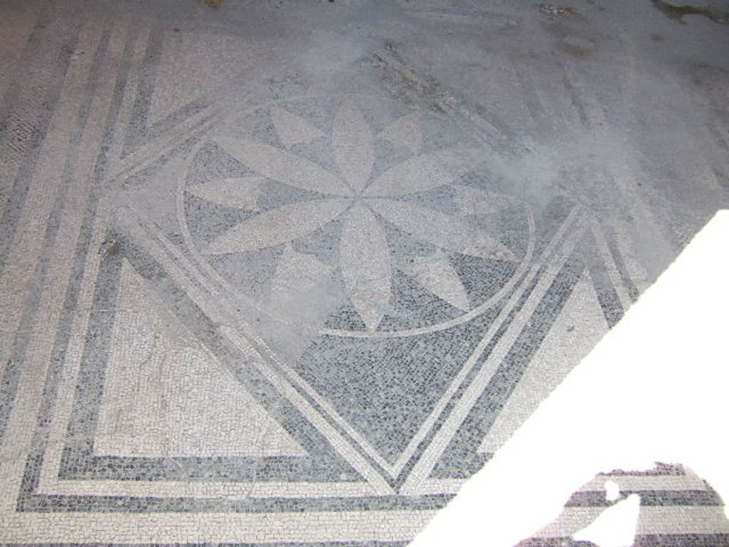 VIII.2.16 Pompeii. September 2005. Mosaic floor in cubiculum on north side of atrium, on east side of corridor leading to VIII.2.14. Geometric mosaic floor with central motif of a petalled rosette. 

