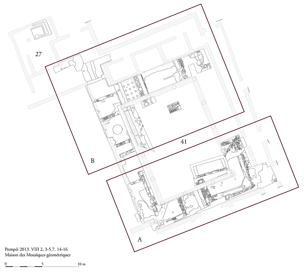 Fig. 3 - Pompéi, Maison des Mosaïques géométriques. Les structures découvertes. Relevé d’ensemble. 
Photo courtoisie de Sandra Zanella.  Agrandir / Enlarge (jpg, 1,1M)
