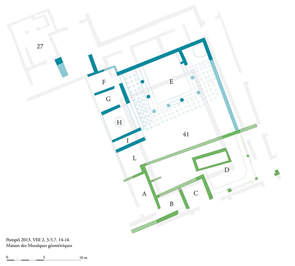Fig. 4 - Pompéi, Maison des Mosaïques géométriques. Les structures découvertes. Hypothèses de reconstruction.
Photo courtoisie de Sandra Zanella.  Agrandir / Enlarge (jpg, 760k)
