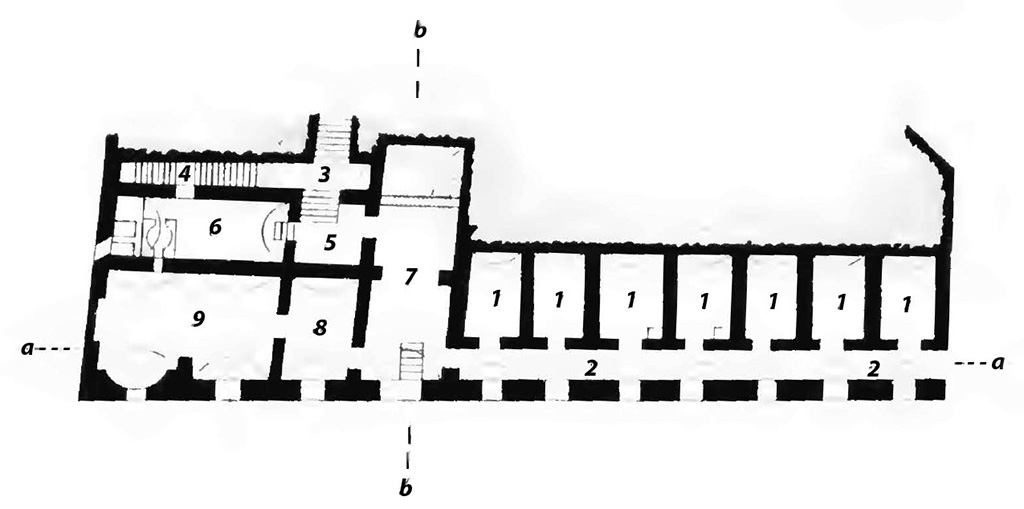 VIII.2.18 Pompeii. Plan drawn in BdI, 1890, showing the area on level 4.
Room 7 on above plan is the apodyterium, or waiting room, also described as frigidarium, no.53, with the plunge pool at the north end, no.54.  
Room 8 is the tepidarium.
Room 9 is the caldarium.
See Bullettino dell’Instituto di Corrispondenza Archeologica (DAIR), 05, 1890, Tav. 6,1 (plan), p.130-138, (for description of rooms).
