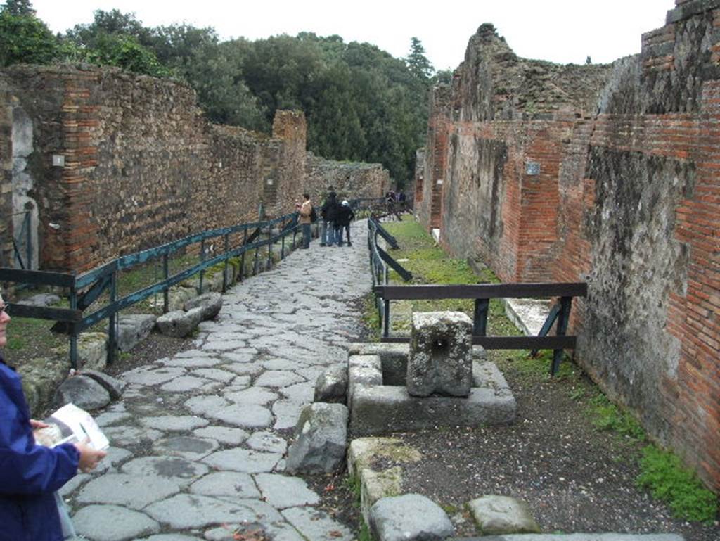 VIII.6.1 Pompeii. December 2005. Via della Regina, looking east.          VIII.2.29 on right.