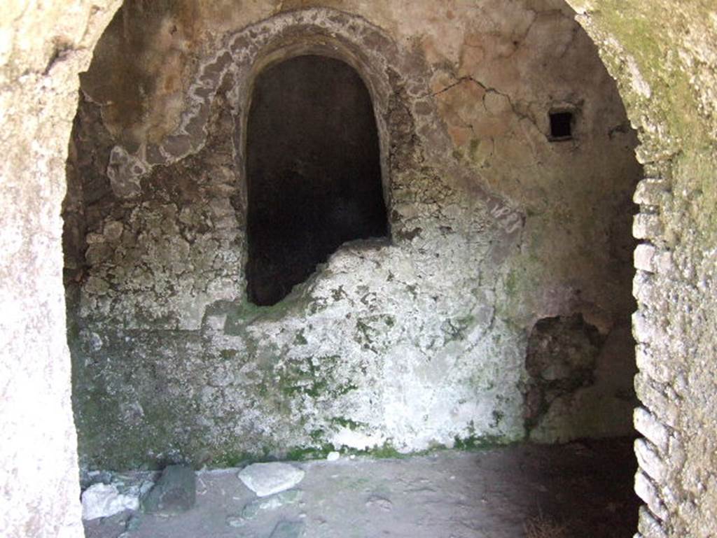 VIII.2.29 Pompeii. May 2006. Doorway with arched opening in rear north wall.
(Looking north through arched doorway in PPM’s room 5 into their room 4, on lower level).

