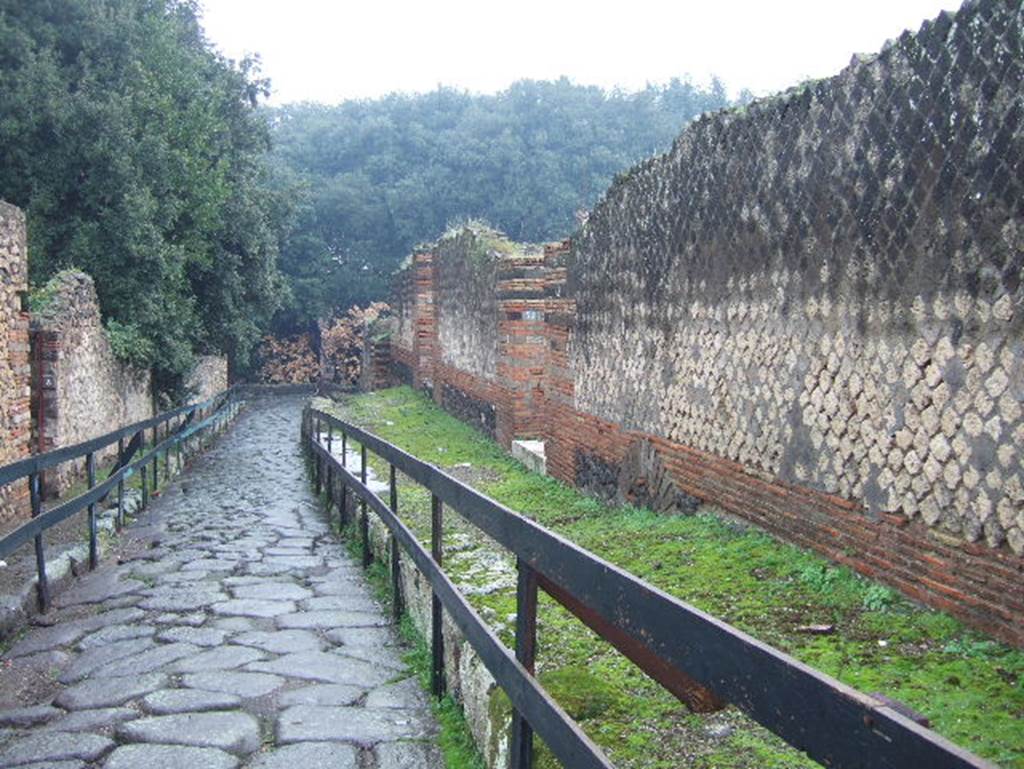 VIII.6 Pompeii. December 2005. Vicolo della Regina, looking east . VIII.2.36 on right.