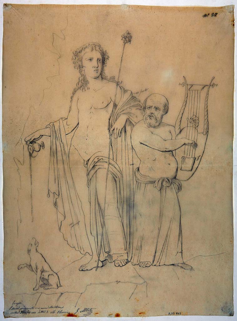 VIII.3.4 Pompeii. Old undated photo of painting of Bacchus with Silenus playing the lyre.
Now in Naples Archaeological Museum. Inventory number 9269.
